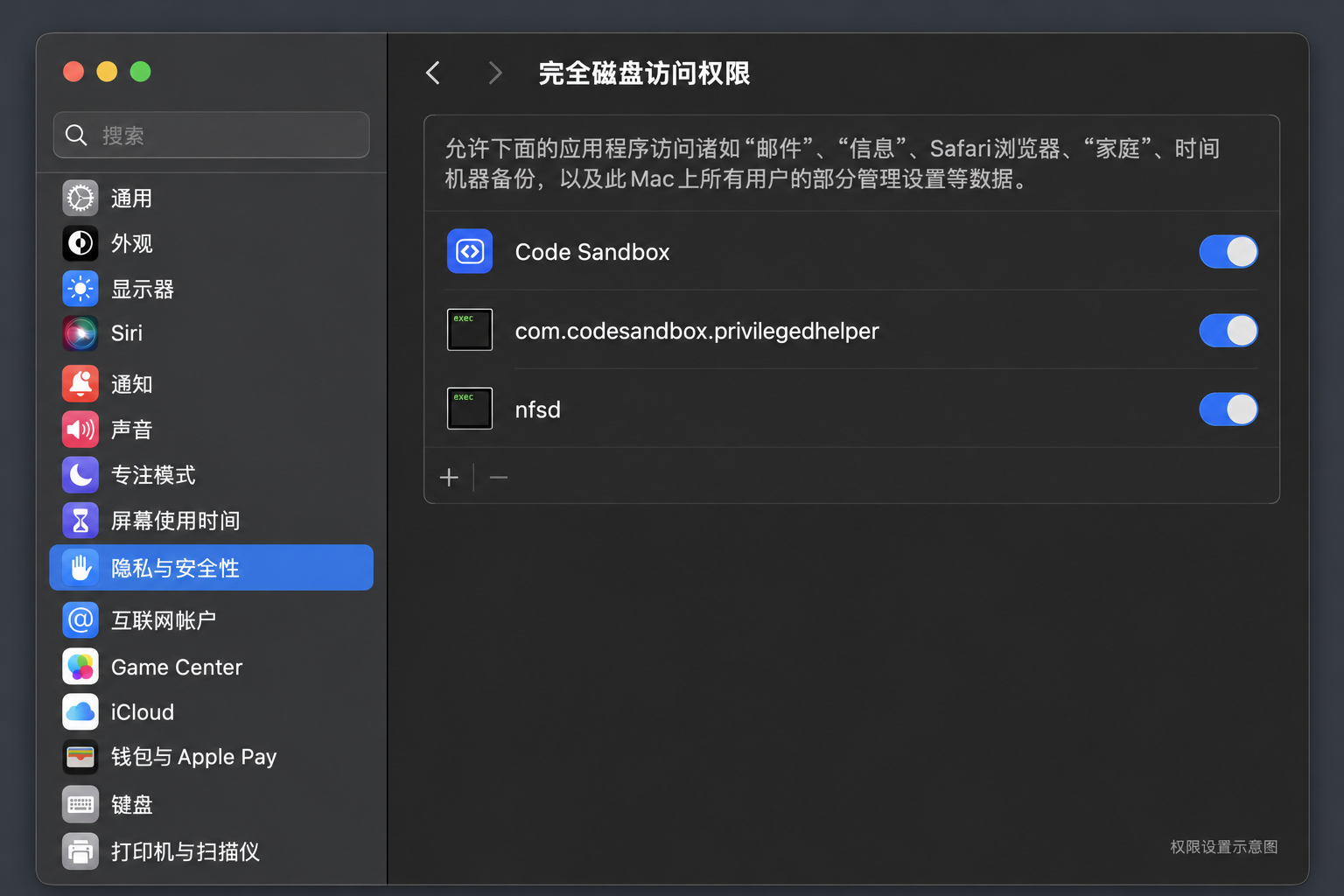 完全磁盘访问权限示意图：Code Sandbox、com.codesandbox.privilegedhelper 和 nfsd 三个开关均开启